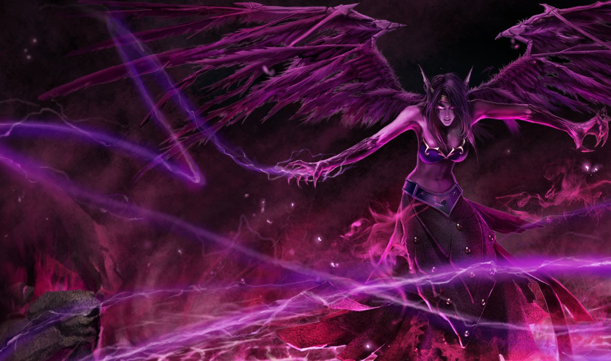 Morgana (League of Legends video game): a winged, dark-purple sorceress hovering as she casts swirling shadow magic over a shattered, storm-tossed battlefield.