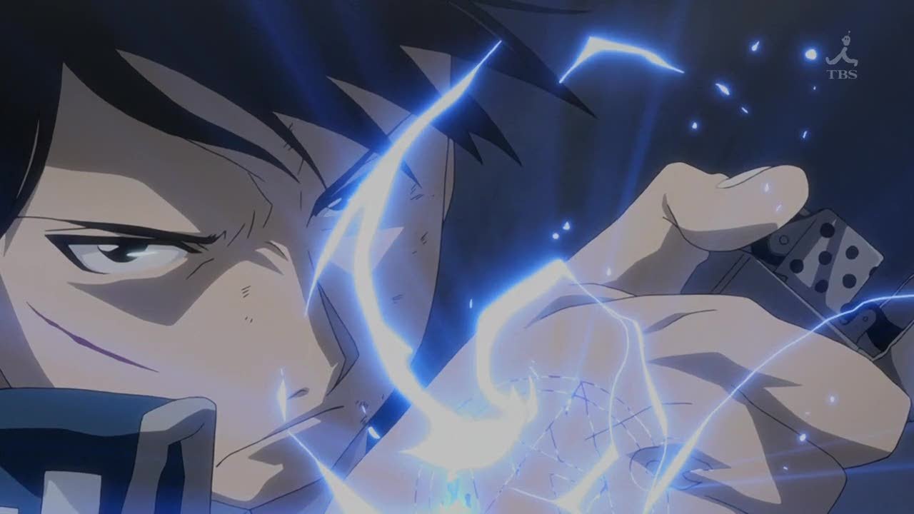Roy Mustang from the anime Fullmetal Alchemist, close-up with an intense gaze as blue alchemical sparks swirl around his snapping fingers.