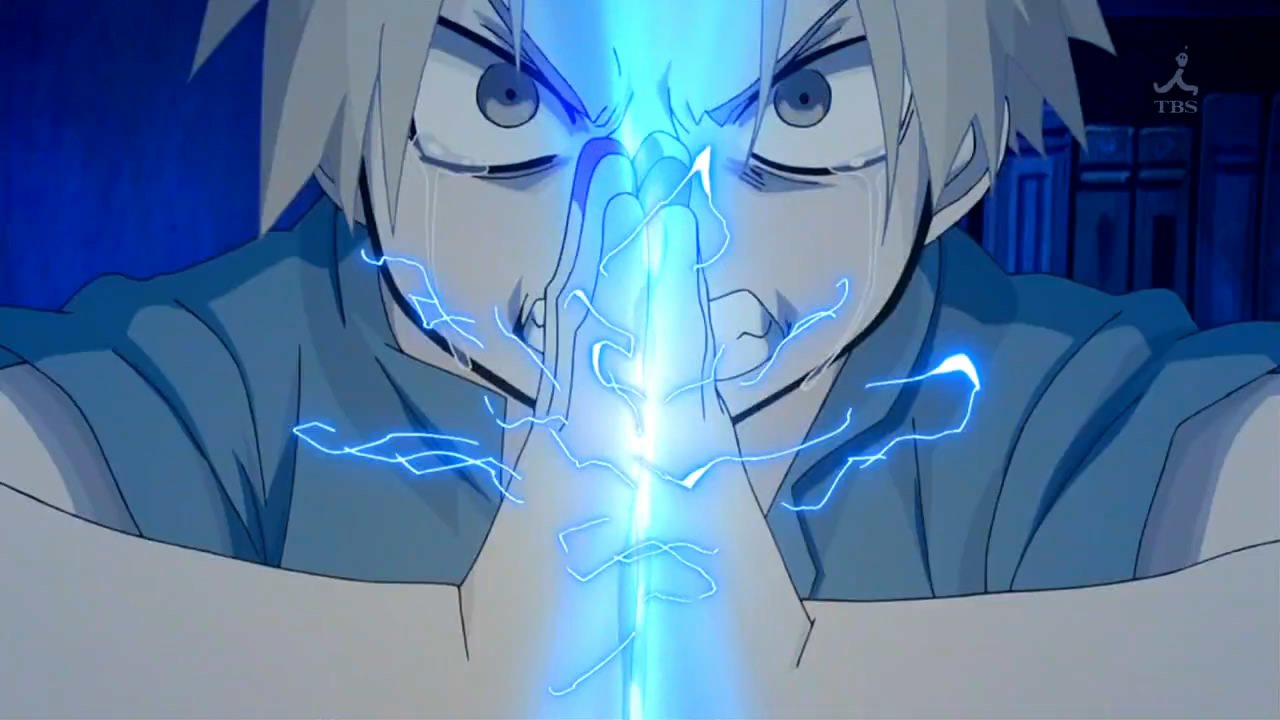 Edward Elric from Fullmetal Alchemist channels energy with intense determination, blue lightning erupting as he performs alchemical actions in a dramatic, dark setting.