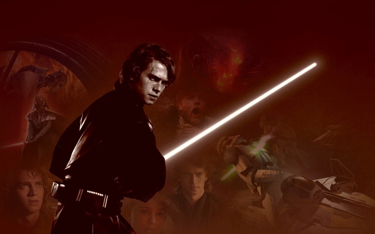Anakin Skywalker, portrayed by Hayden Christensen, wields a lightsaber in a dramatic scene from *Star Wars Episode III: Revenge of the Sith*, set against a vibrant space backdrop.