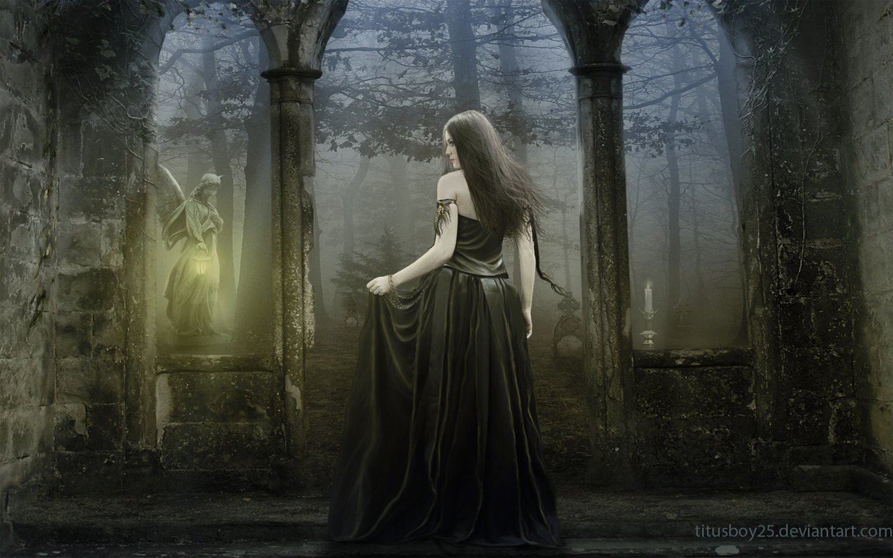 A woman in a flowing black gown stands in a misty, enchanted forest amidst ancient ruins, gazing at a glowing figure in the distance, evoking a sense of fantasy and mystery.