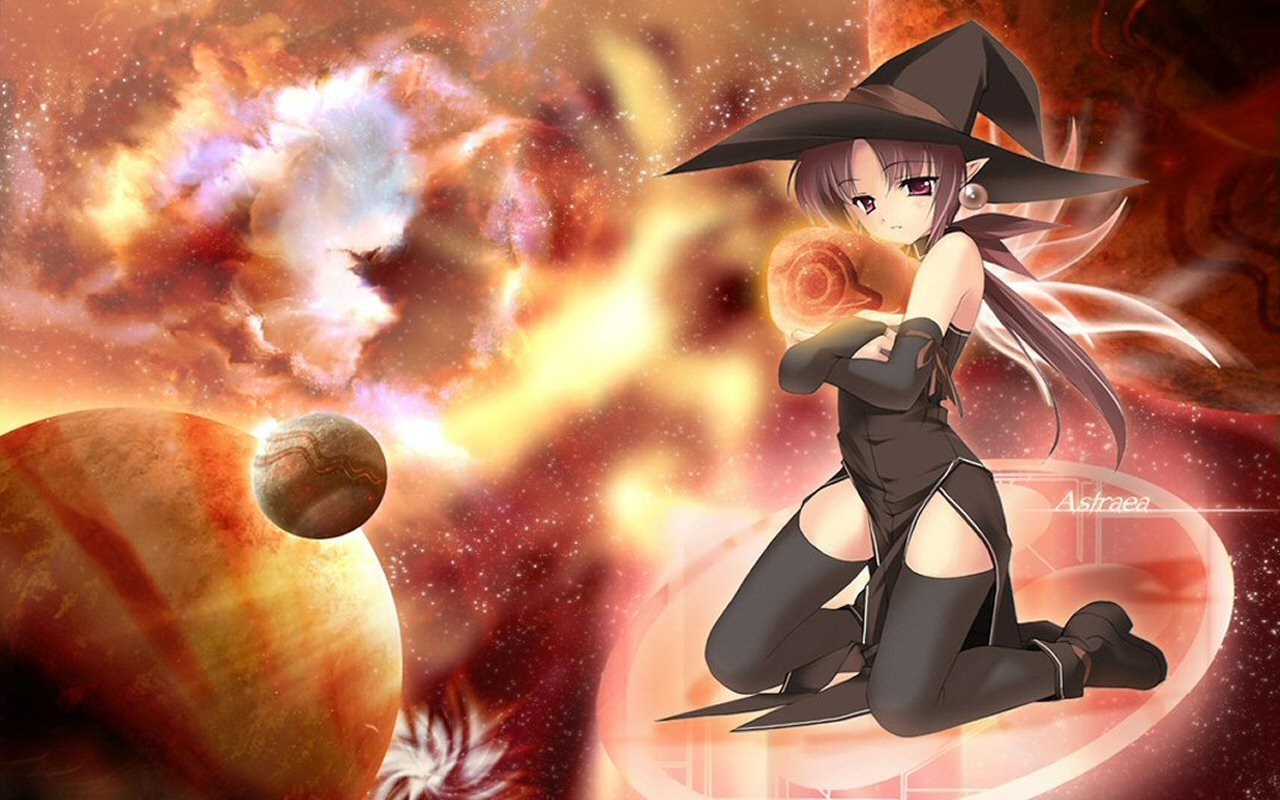 Angelan (Virtual-On) in a black witch outfit kneels amid fiery planets and cosmic clouds — Cyber Troopers Virtual-On video game character art.