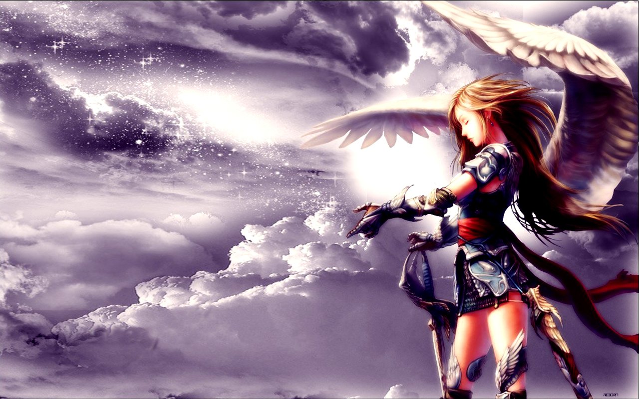 A fierce anime angel stands poised against a dramatic sky, her majestic wings spread wide, embodying strength and grace amidst swirling clouds.