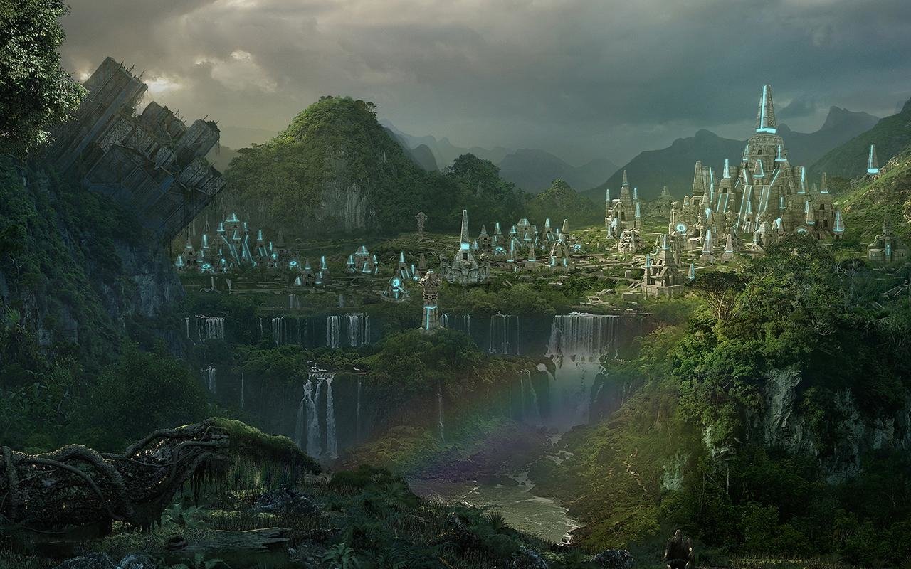 A breathtaking fantasy city nestled among lush mountains, featuring shimmering structures and cascading waterfalls, set against a dramatic sky.