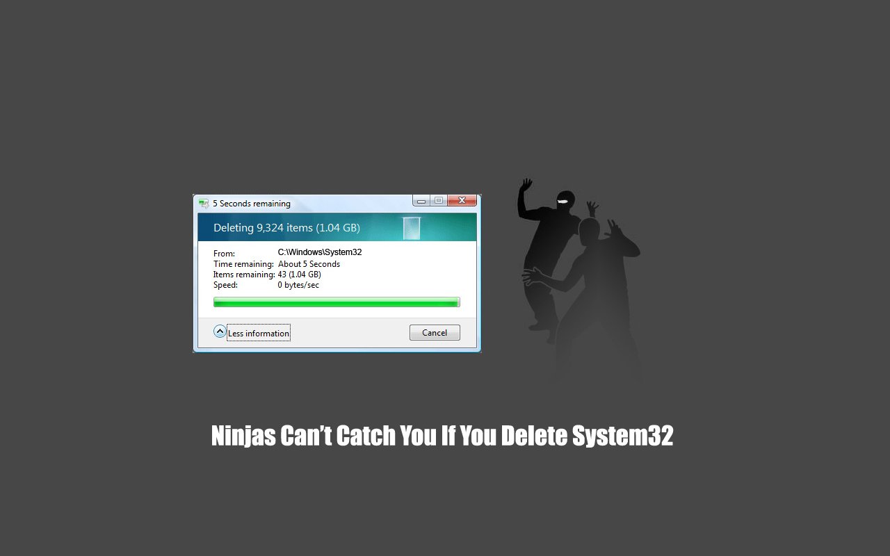 A funny ninja-themed image showing a file deletion progress bar with the caption, Ninjas Can't Catch You If You Delete System32.