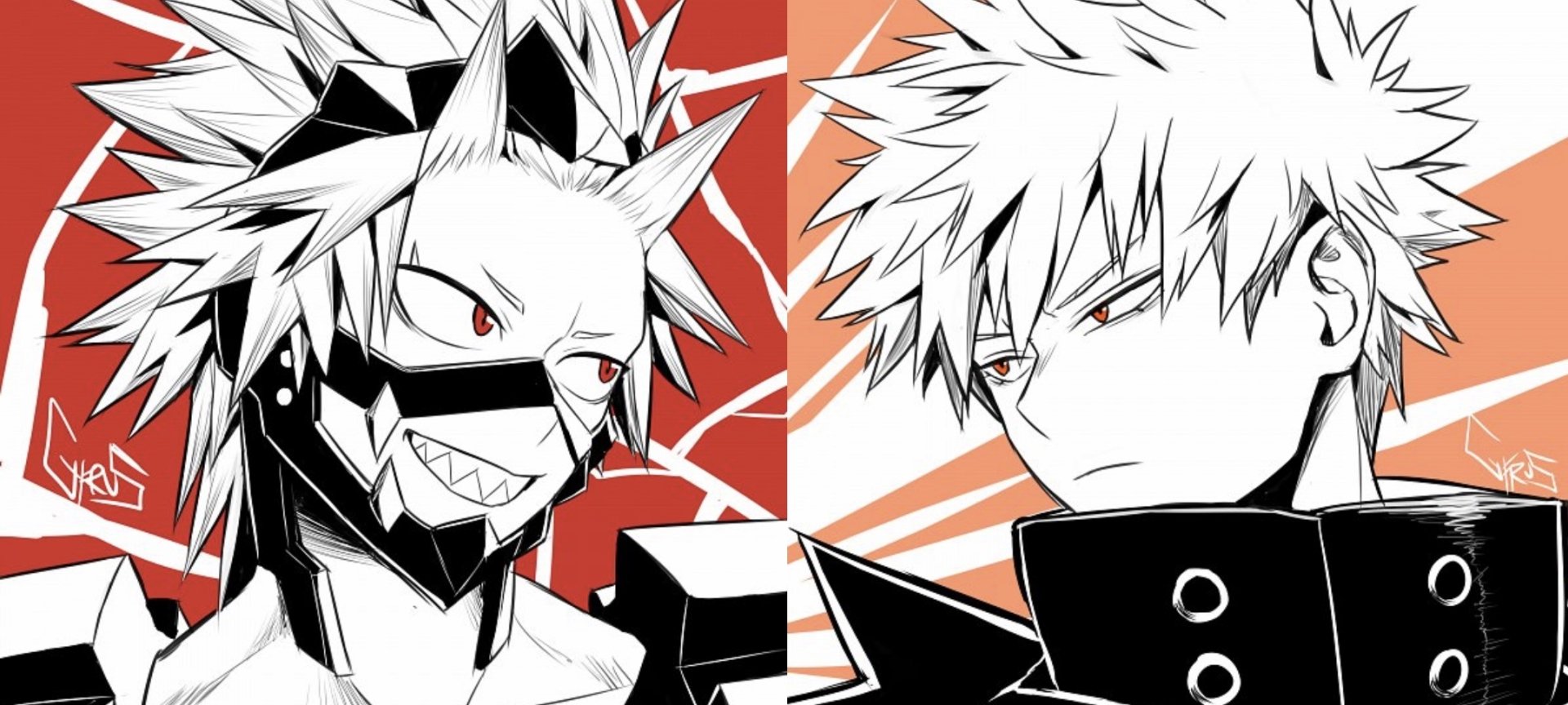 Split-panel My Hero Academia art: Eijiro Kirishima (left, jagged-toothed hero mask) and a scowling Katsuki Bakugou (right) against bold red-orange backgrounds.