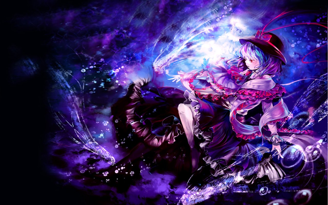 Anime-style artwork of Iku Nagae from Touhou, surrounded by vibrant blue and purple magical energy with intricate details and dynamic lighting effects.