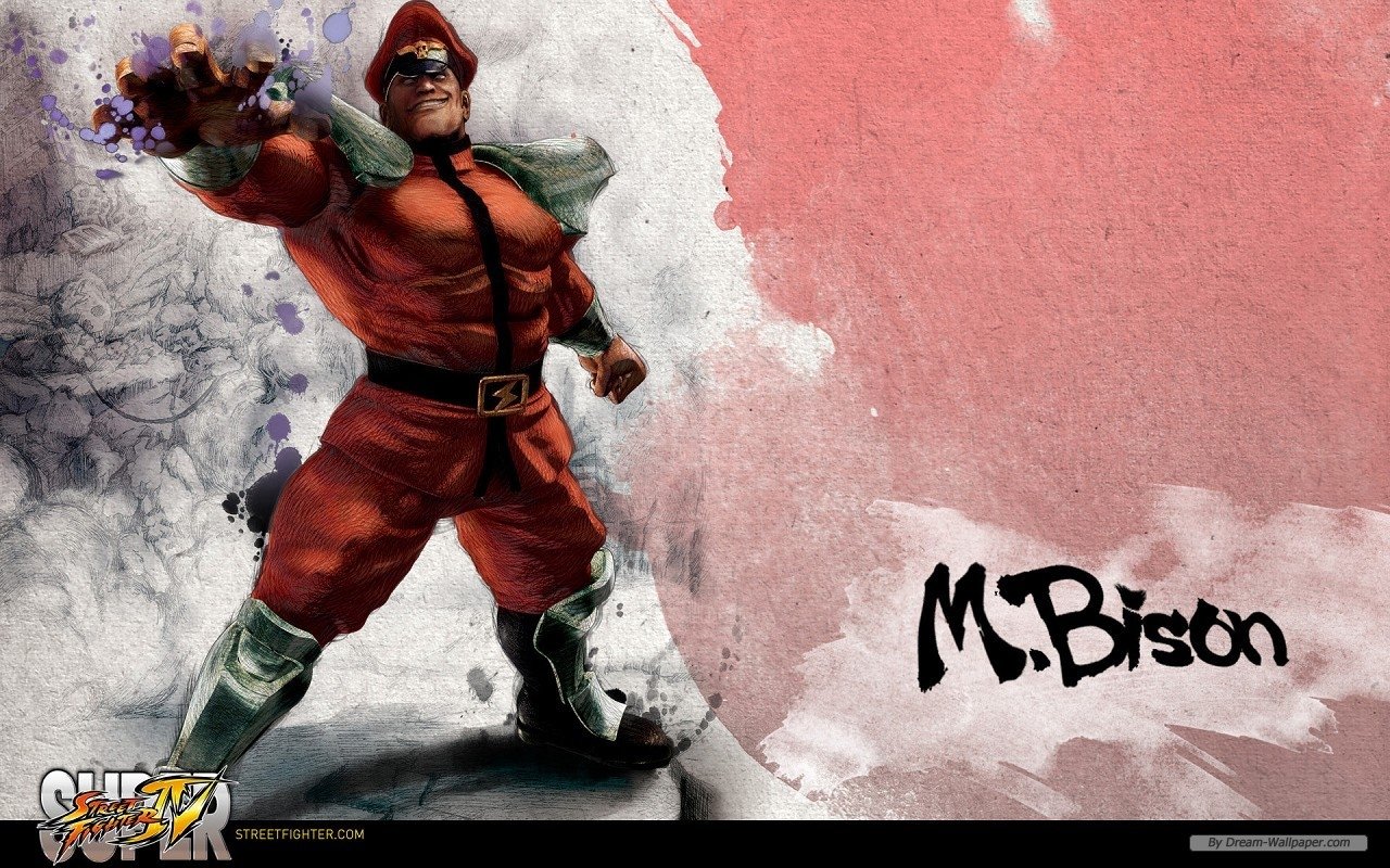 M. Bison from the Street Fighter video game — imposing red-uniformed villain in a power-charged fighting pose against a textured ink-and-paint background with his signature.