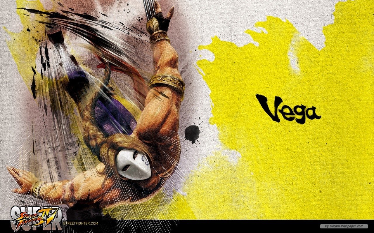 Street Fighter video game art of Vega, masked and clawed, leaping across a textured white-and-yellow background with his name in black.