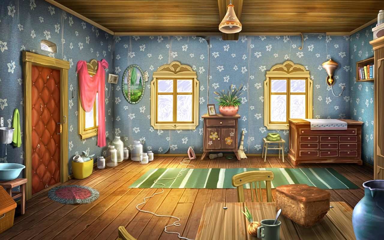 Artistic cartoon-style cozy room featuring wooden floors, floral wallpaper, two windows, a dresser, chair, and various household items.