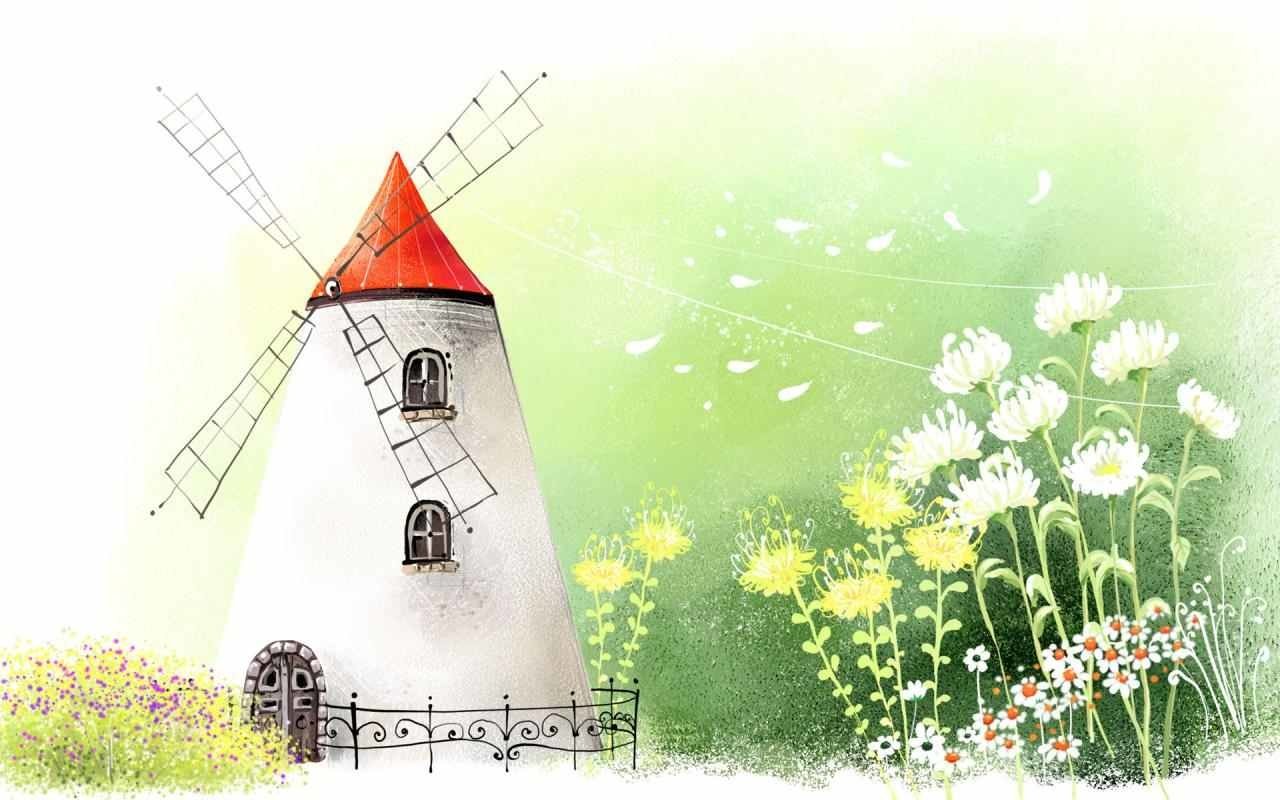A whimsical artistic depiction of a white windmill with a red roof, surrounded by vibrant green fields and blooming flowers, creating a serene pastoral scene.