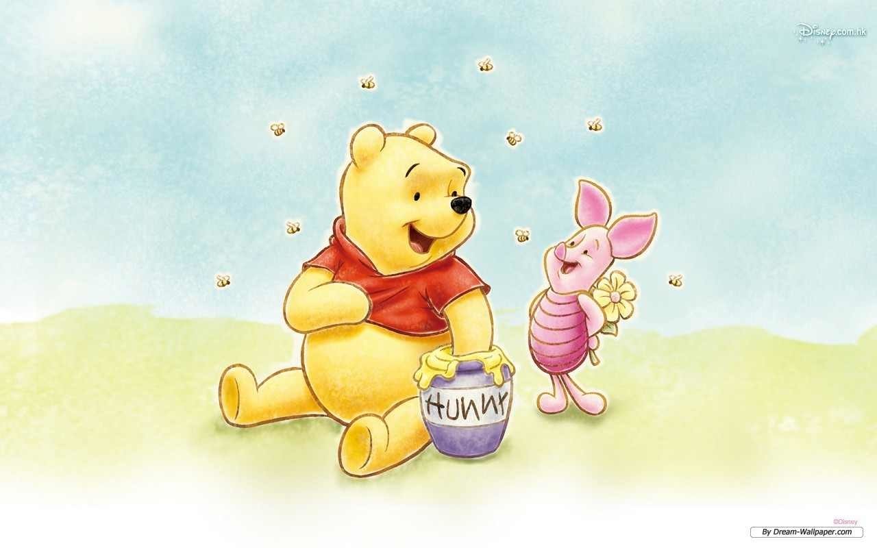 Winnie the Pooh and Piglet from the TV show share honey outdoors surrounded by bees under a clear sky.