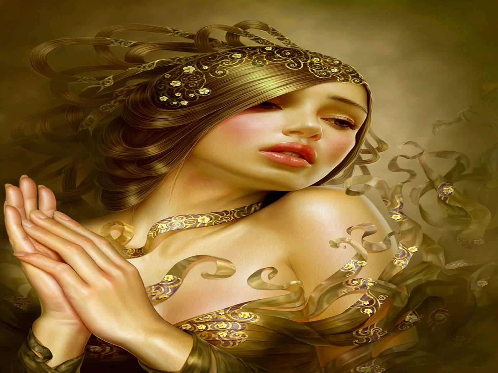 A fantasy depiction of a woman with intricate golden accessories, embodying an ethereal angelic presence, surrounded by flowing, dreamlike elements.