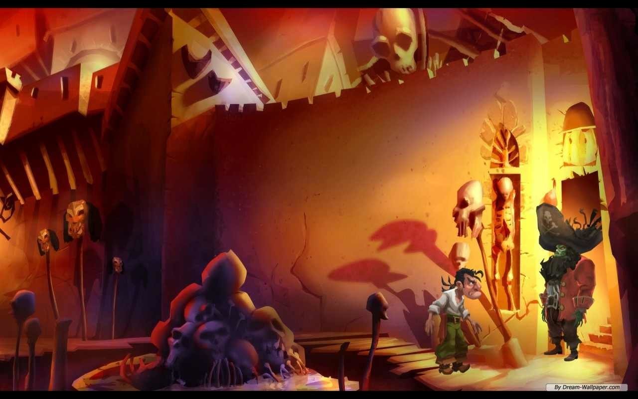 Artwork from the video game Monkey Island II: LeChuck's Revenge (2010): a bewildered pirate protagonist stands in an orange-lit shrine strewn with skulls, carved statues and a shadowy armored figure.