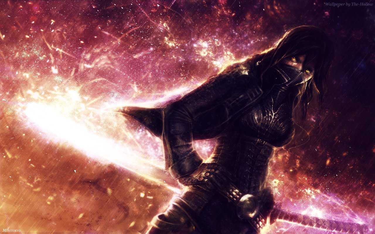 A fierce woman warrior stands poised with her sword, surrounded by a cosmic backdrop of vibrant stars and swirling colors, embodying strength and power in this fantasy scene.