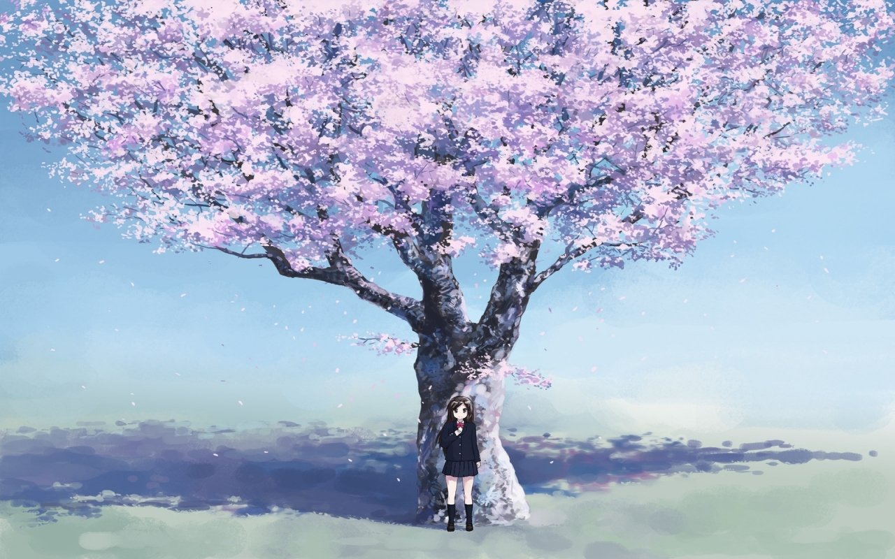 A serene anime scene featuring a girl standing beneath a large, blossoming tree, its pink flowers creating a dreamy atmosphere against a soft blue background.