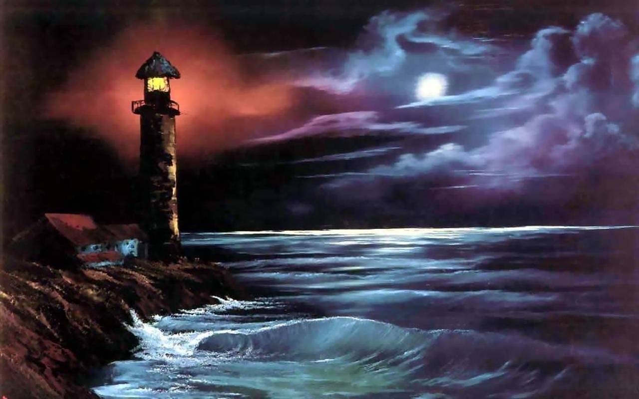 A dramatic artistic depiction of a lighthouse stands tall against a dark, swirling sky, illuminating the ocean waves under a glowing moon. The building contrasts with the turbulent seascape.