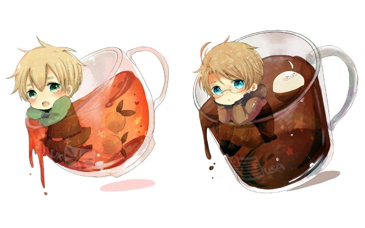 Two cute characters from the anime Hetalia: Axis Powers sit in colorful cups, one in a tea-like drink and the other in coffee, both displaying playful expressions.