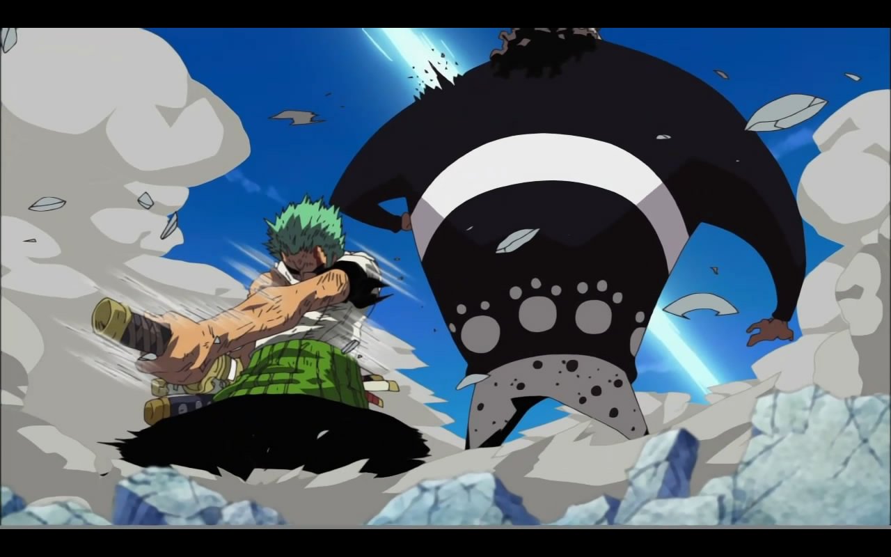 Roronoa Zoro clashes with Bartholomew Kuma in a dynamic scene from the anime One Piece, showcasing intense action and striking visuals amidst a chaotic backdrop.