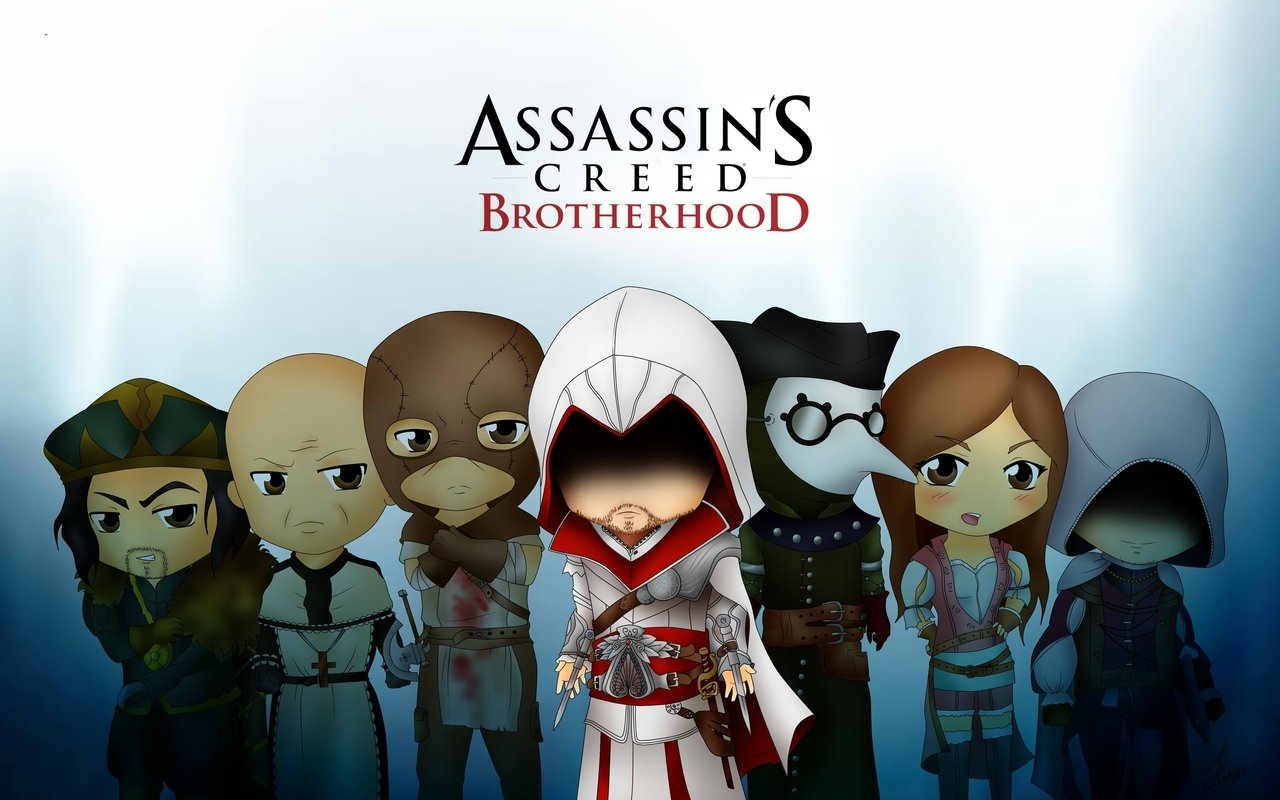 Cartoon-style humorous depiction of characters from the video game Assassin's Creed: Brotherhood, featuring stylized avatars in a lineup.