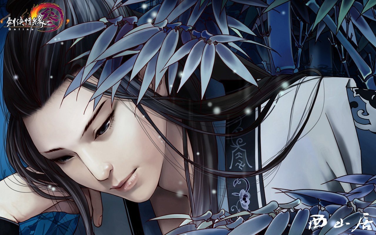 Artwork from the video game JX Online features a close-up of a serene character with long dark hair surrounded by blue bamboo leaves.