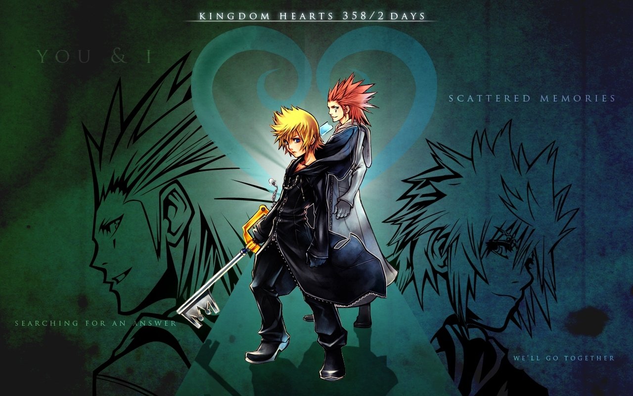 Roxas and Axel from the Kingdom Hearts video game stand back-to-back in black coats, Roxas holding a Keyblade, framed by a heart motif and blue-green silhouetted sketches.
