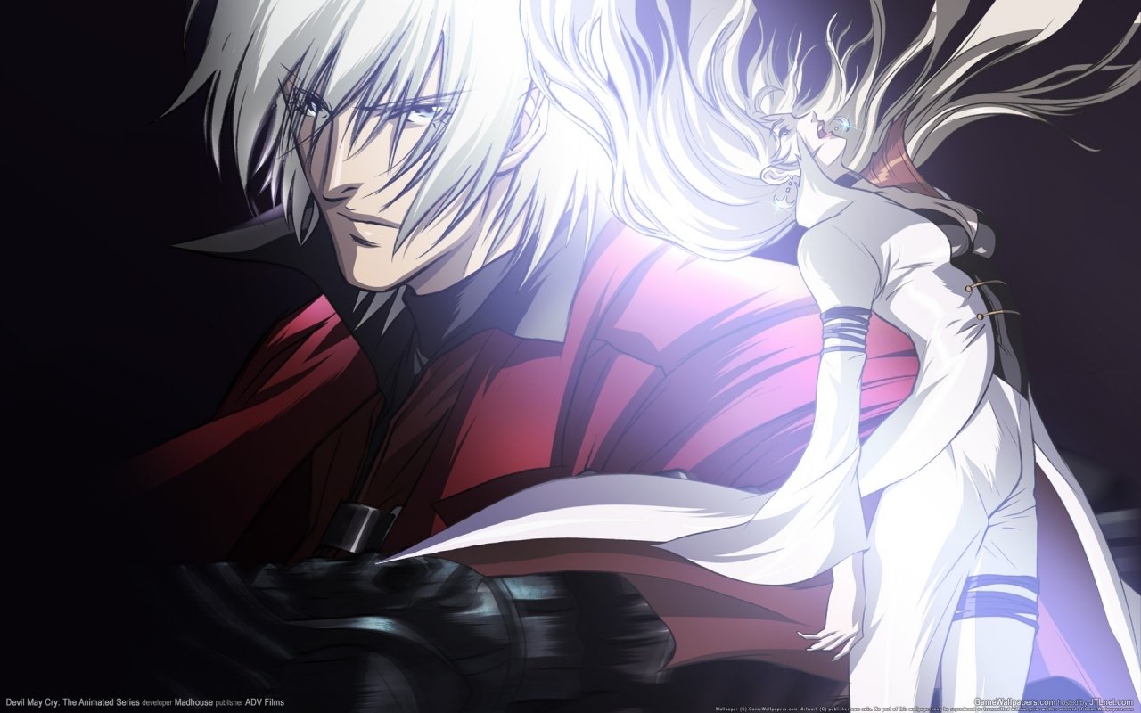 An anime scene featuring characters from Devil May Cry, showcasing a strong figure in red with flowing white hair, set against a dramatic dark backdrop.