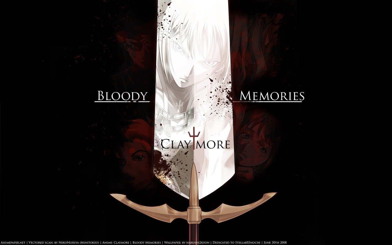 A dramatic anime-themed image featuring a large sword with the title Claymore displayed amid a dark and visually striking background, conveying themes of intense action and memories.