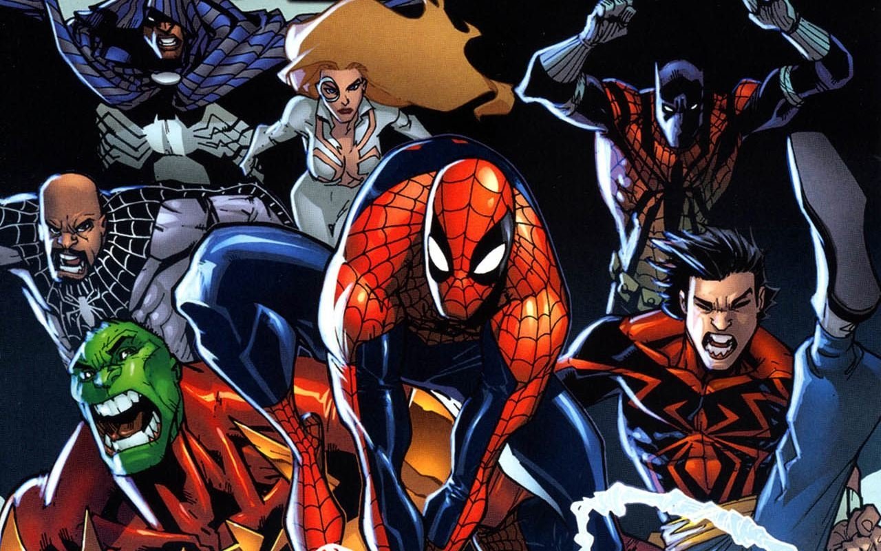 A dynamic comic scene featuring Black Panther, Luke Cage, Hulk, Dagger, Cloak, and Spider-Man, all in action-packed poses showcasing their superhero abilities.