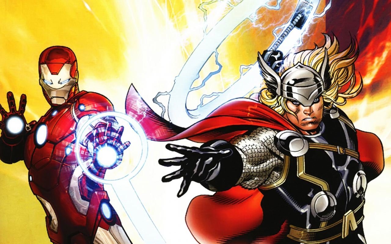 Dynamic comic-style artwork featuring Marvel Comics' Avengers heroes Thor wielding Mjolnir and Iron Man readying his repulsor blast.