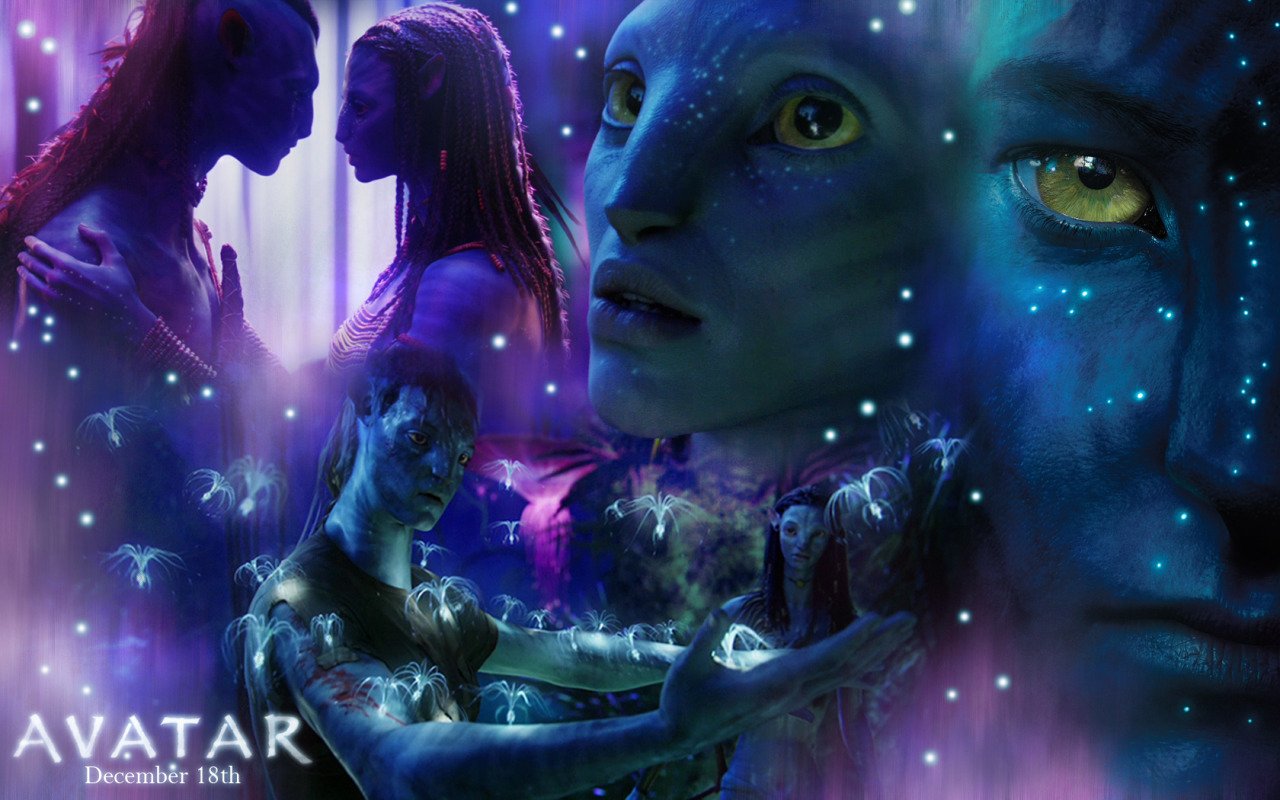 Collage of blue-skinned Na’vi characters from the movie Avatar, featuring close-ups and a tender moment between two figures amid glowing, ethereal lights.