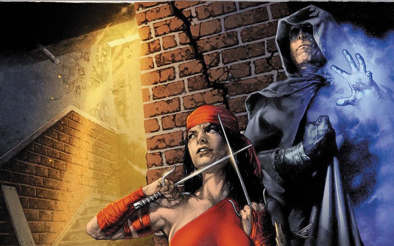 Elektra (Marvel Comics) in red costume, sais drawn, faces a hooded sorcerer conjuring blue energy in gritty comic-book art.
