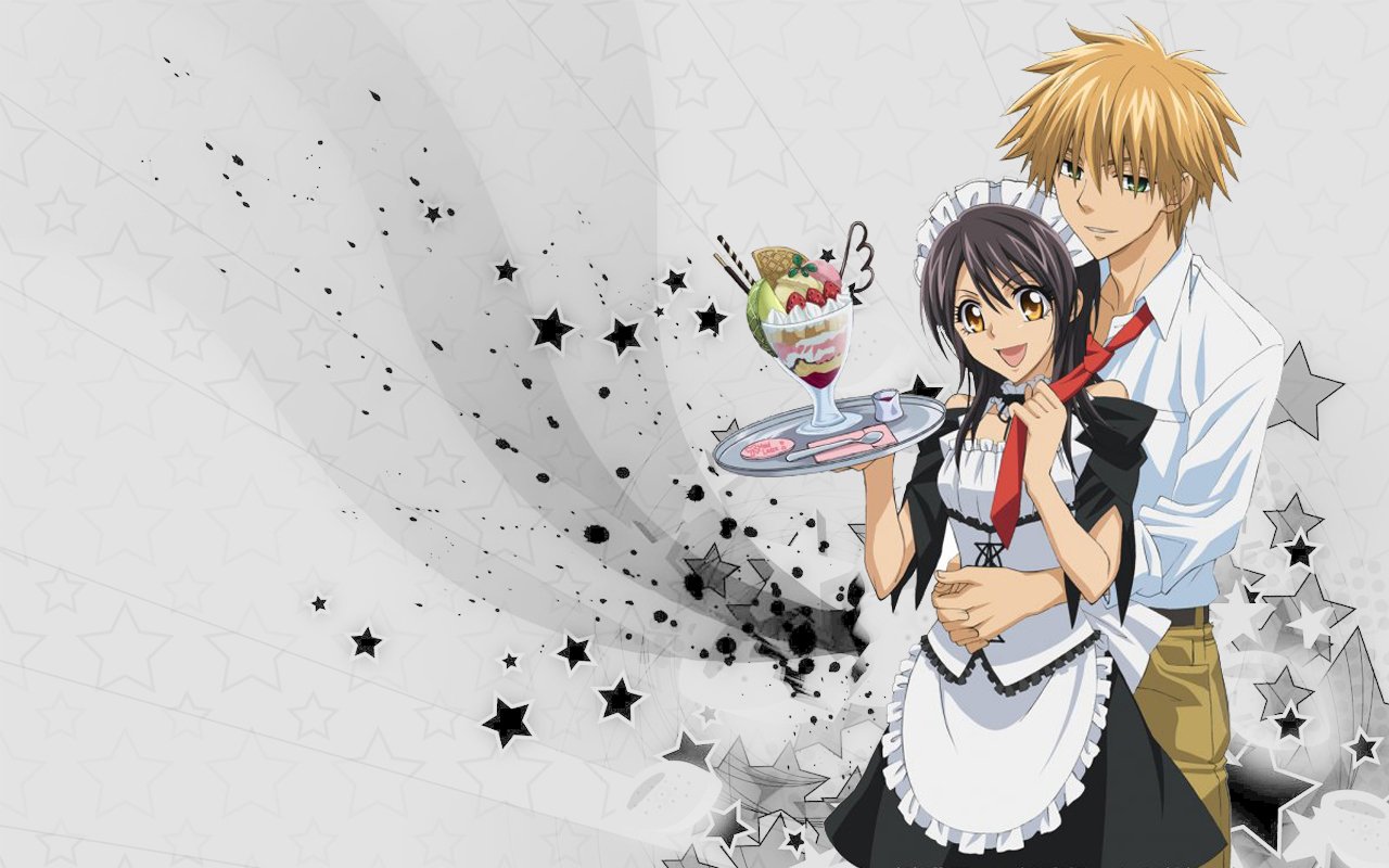 A scene from the anime Maid Sama! features a cheerful maid holding a tray with dessert, embraced by a young man, set against a dynamic backdrop of stars and abstract designs.