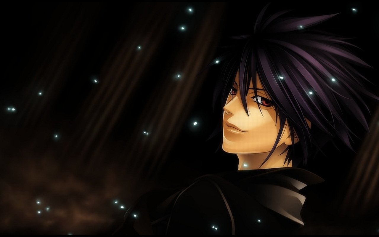 Anime-style image from Hiiro No Kakera featuring a dark-haired character with spiky hair, gazing thoughtfully amidst glowing light specks in a dim environment.
