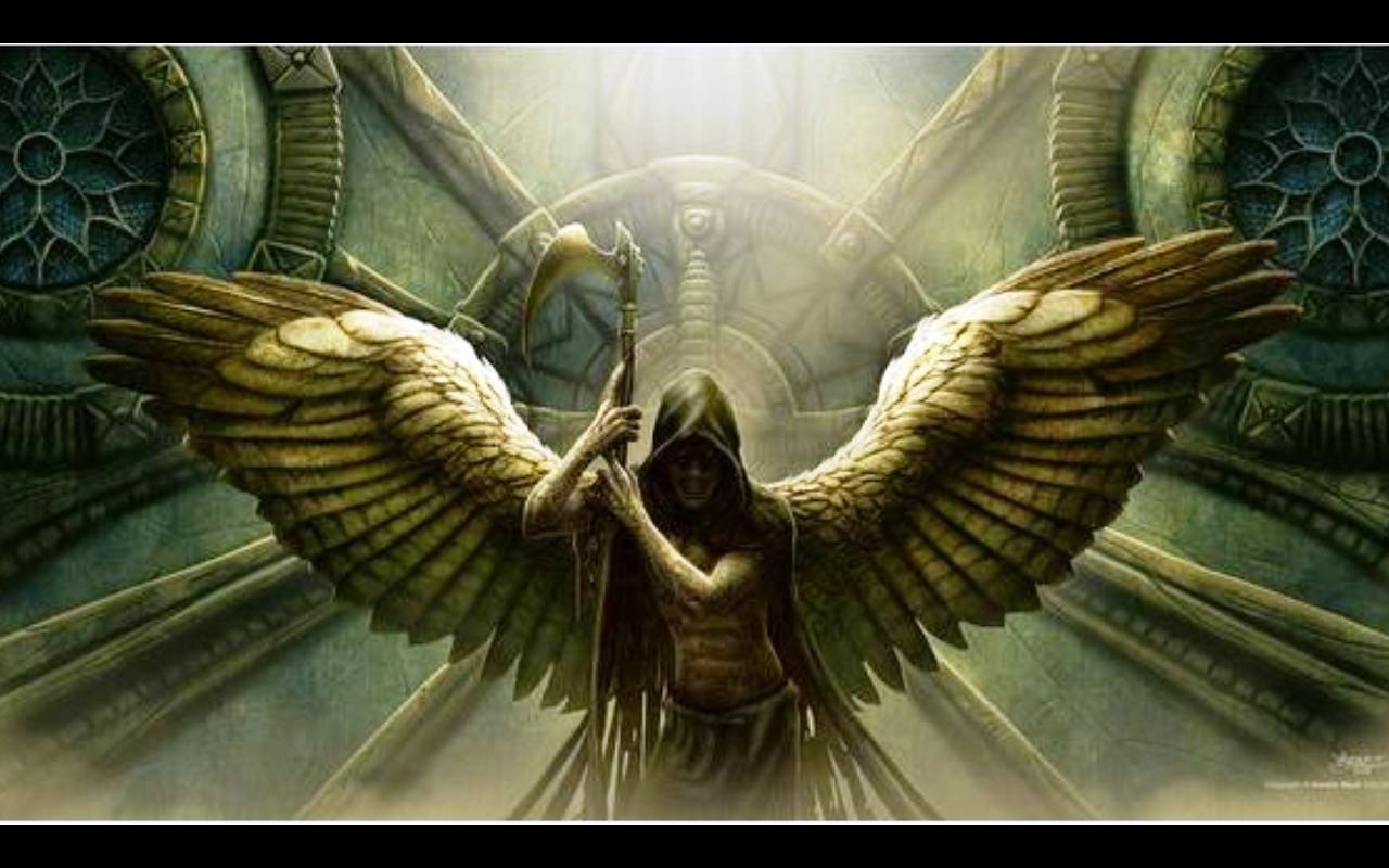 A fantasy angel with large, detailed wings stands in a grand, ancient hall illuminated by a mystical light from above.