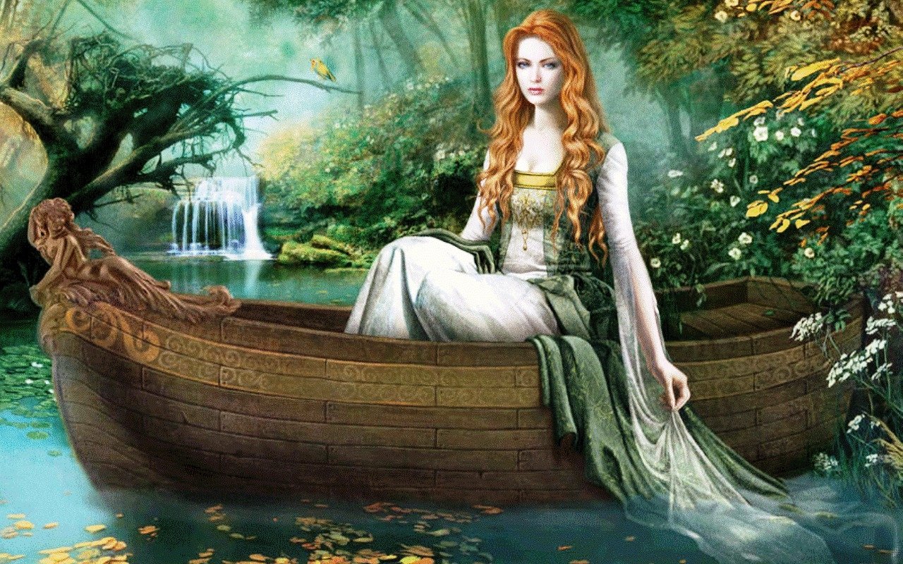 A captivating fantasy scene featuring a woman with long red hair, seated in a boat on a serene river, surrounded by lush greenery and a soft waterfall in the background.