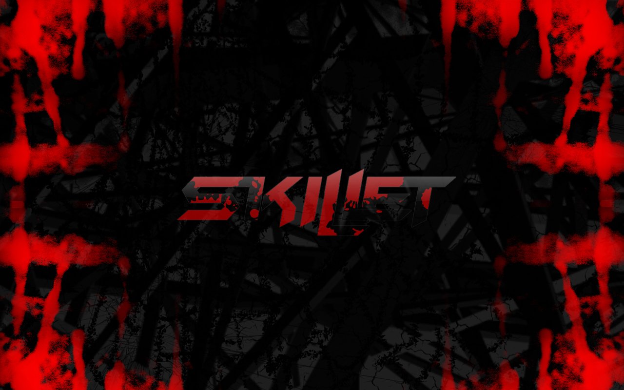 A dynamic black and red graphic featuring the band name Skillet, evoking a powerful music atmosphere. The design blends intensity with a striking visual style.
