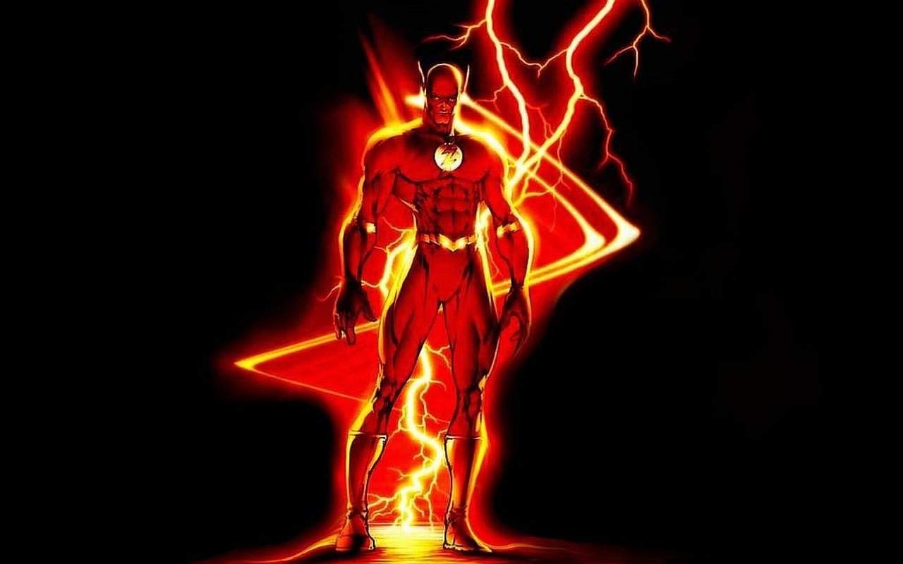 Wally West, known as the Flash, stands heroically in a vibrant red suit against a dark background, surrounded by dynamic bolts of lightning in this striking DC Comics artwork.