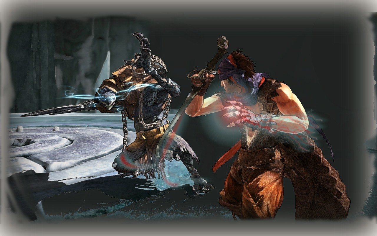 A dynamic scene from the video game Prince of Persia, featuring the Prince engaging in battle with a dark, imposing foe amidst a mystical backdrop.