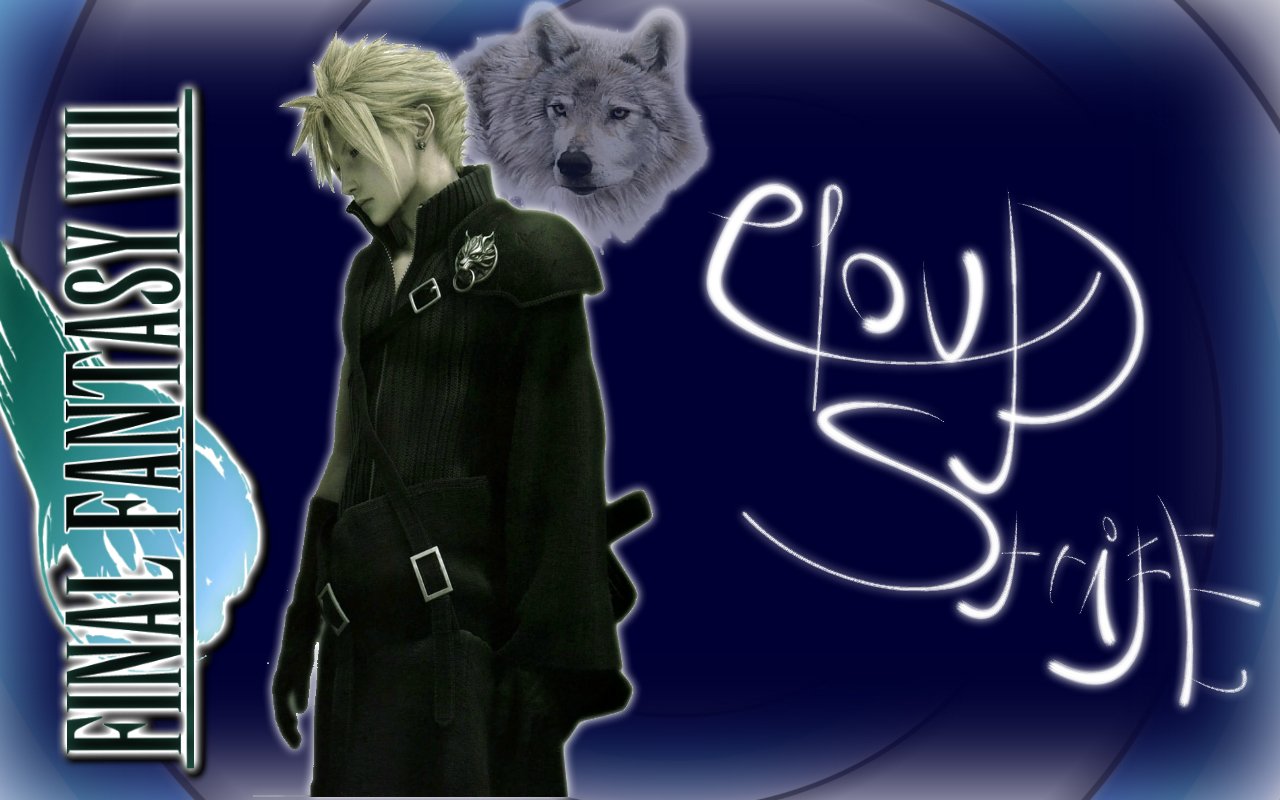 Cloud Strife from Final Fantasy VII: Advent Children is depicted with a wolf silhouette and stylized text against a dark blue background.