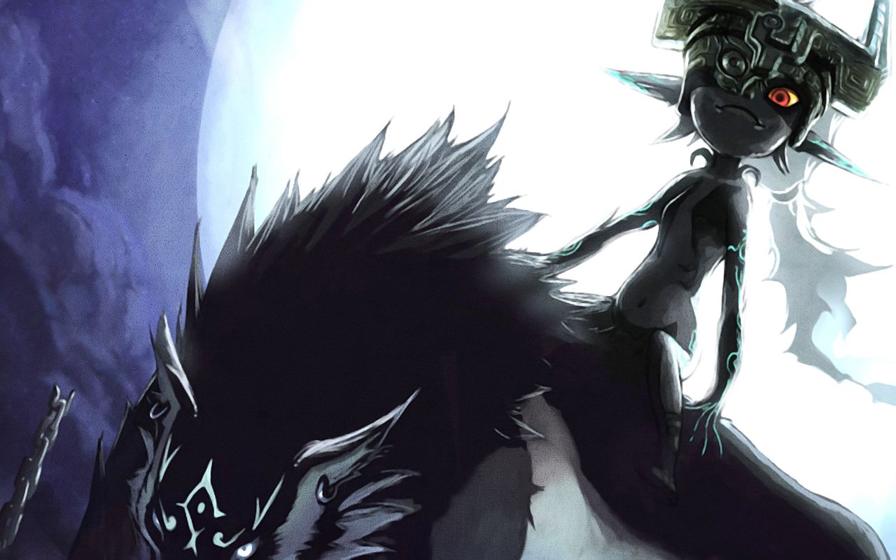 A dark and mystical scene from the video game The Legend of Zelda: Twilight Princess, featuring a shadowy wolf and a mysterious character with striking eyes.