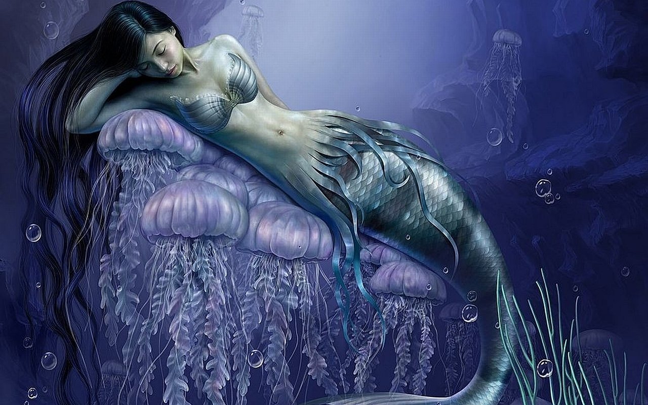 A serene mermaid relaxes on a large jellyfish, surrounded by underwater flora and bubbles, creating a captivating fantasy scene in deep blue hues.