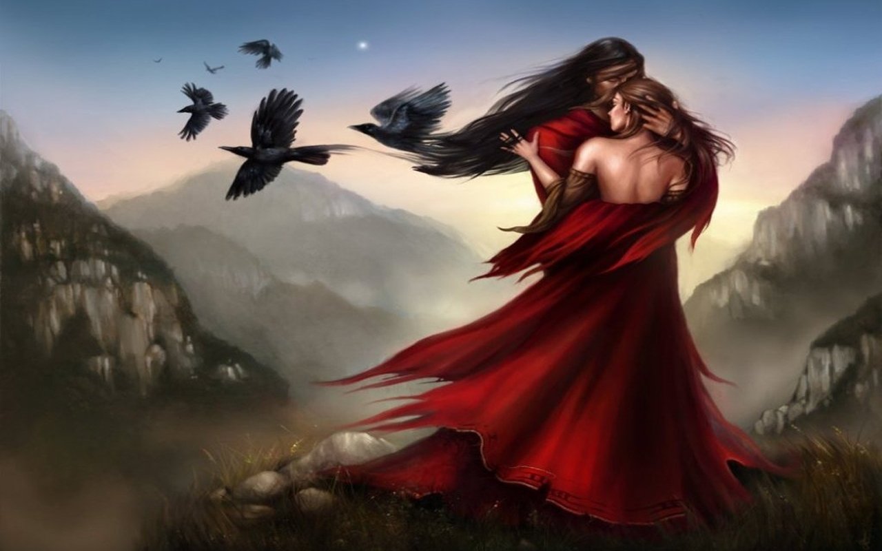 A romantic scene features two figures embracing in flowing red garments, surrounded by mountains and birds soaring in the sky, capturing the essence of artistic love.