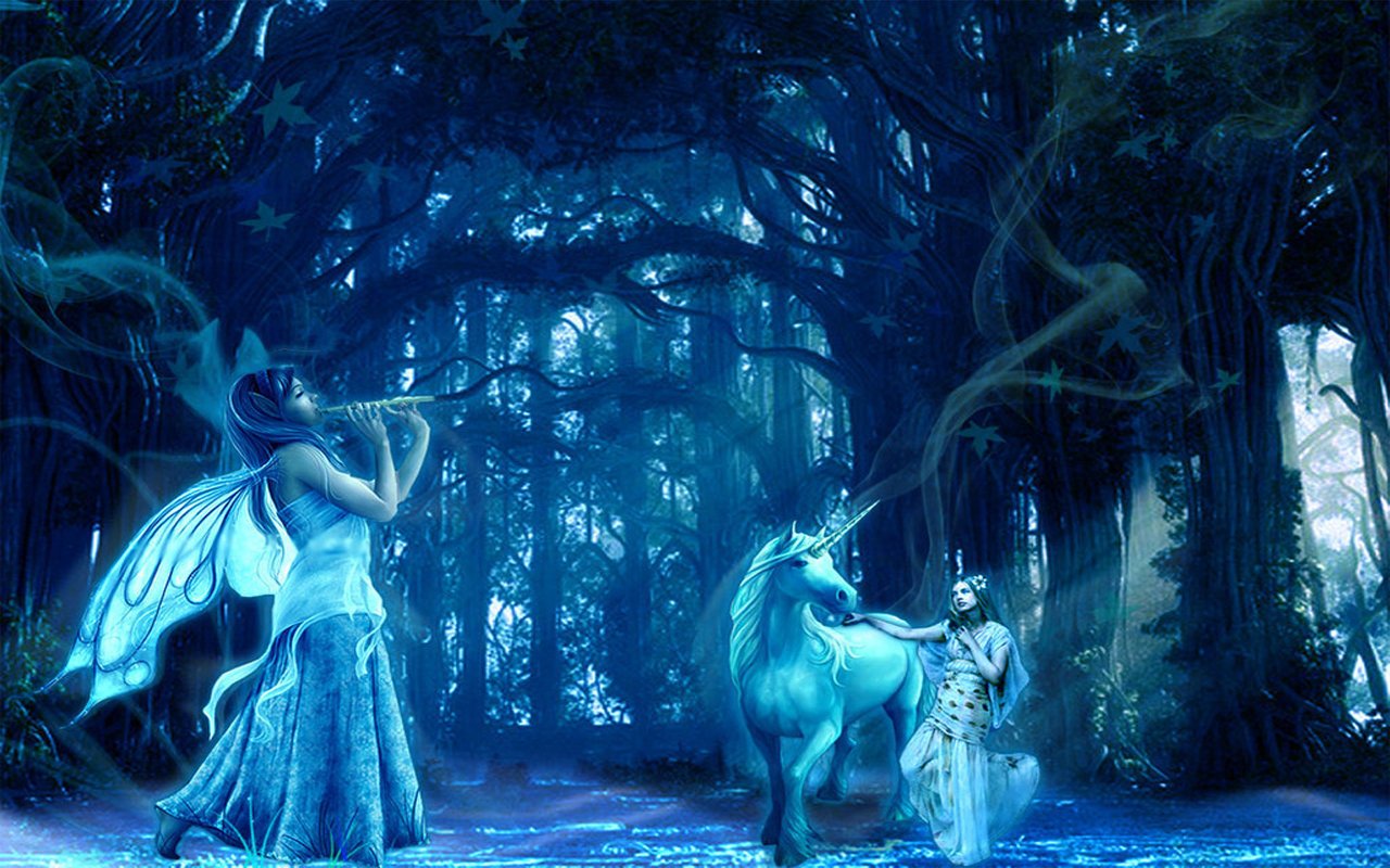 A whimsical fantasy scene with a fairy playing a flute in a mystical forest, accompanied by a unicorn and a serene figure, surrounded by ethereal blue light and magic.