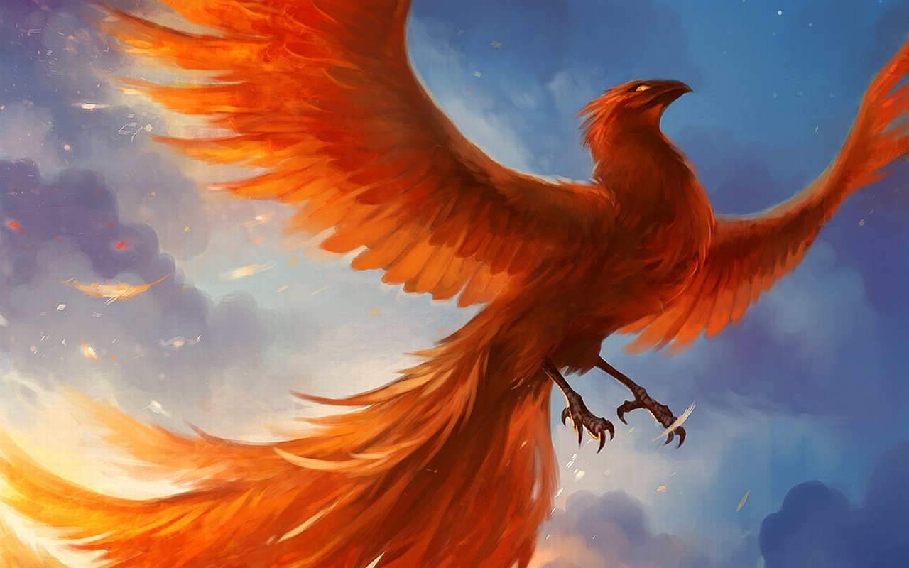 A vibrant phoenix soars through a colorful sky, its fiery plumage shimmering against the backdrop of clouds, embodying the essence of fantasy and rebirth.