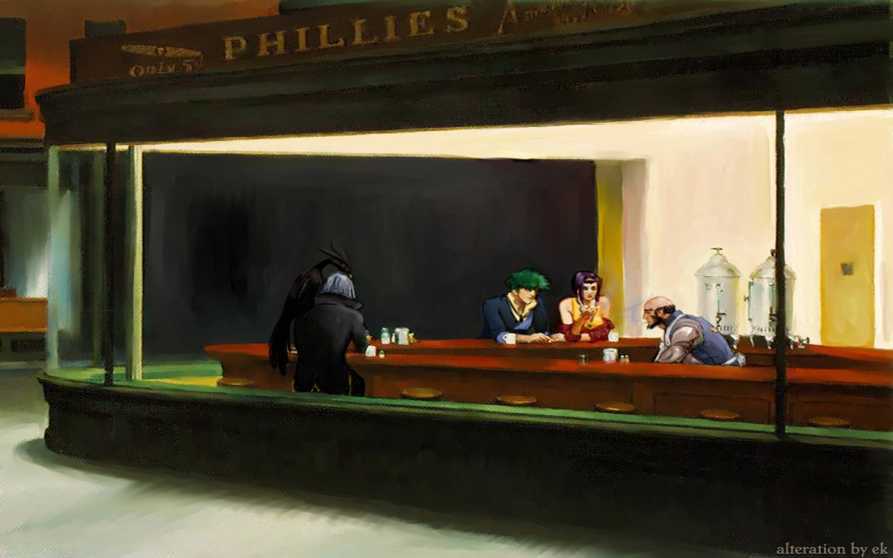 A reinterpretation of Edward Hopper's Nighthawks, featuring characters from Cowboy Bebop gathered at a diner, capturing a blend of solitude and camaraderie in a vibrant anime style.