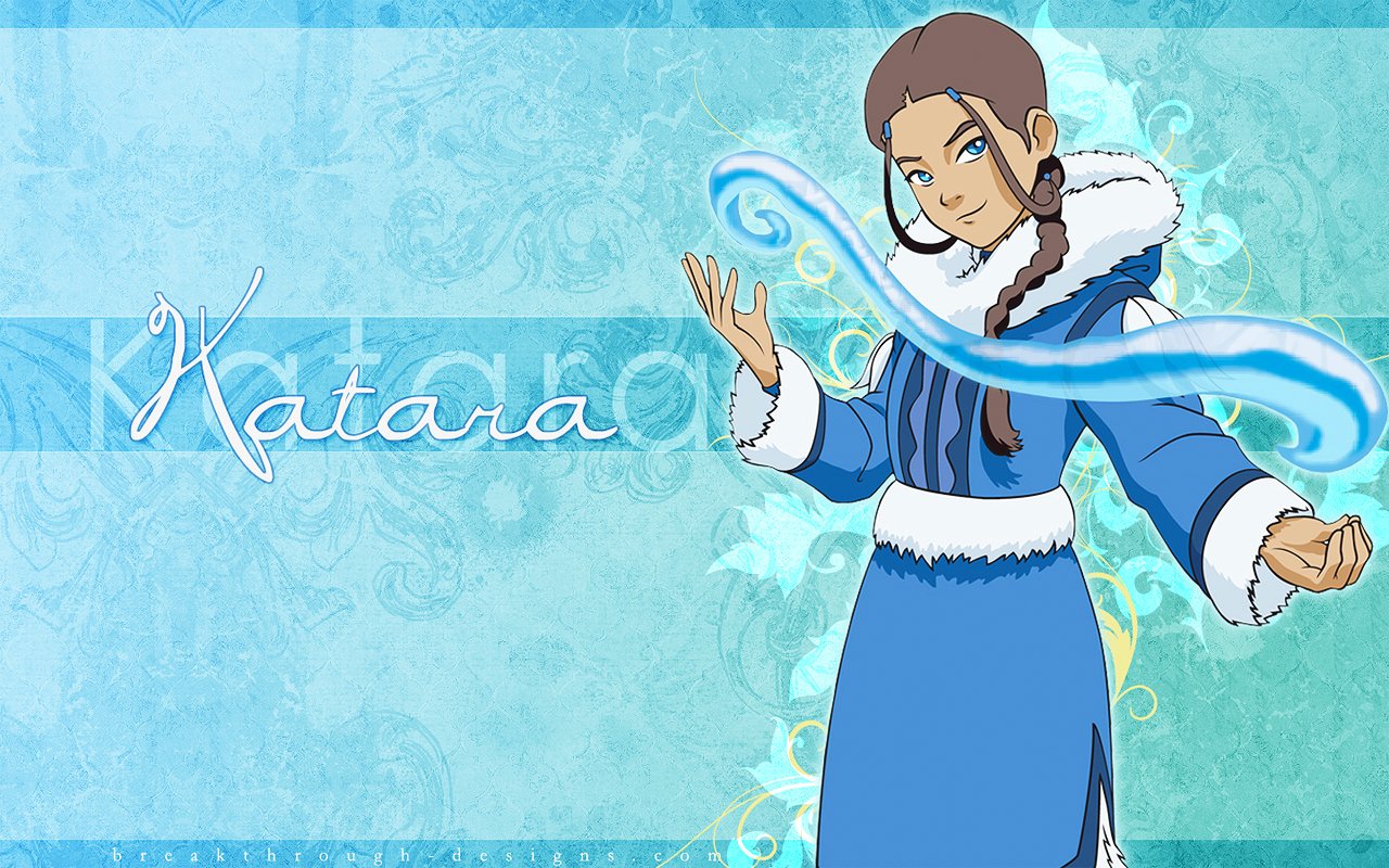 Anime-style illustration of Katara from Avatar: The Last Airbender, dressed in her traditional Water Tribe attire, controlling a swirling water stream against a blue background.