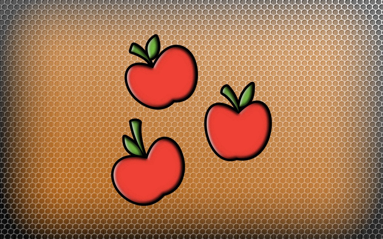 Three stylized red apples with green leaves on a textured honeycomb background, inspired by Applejack from the TV show My Little Pony: Friendship Is Magic.