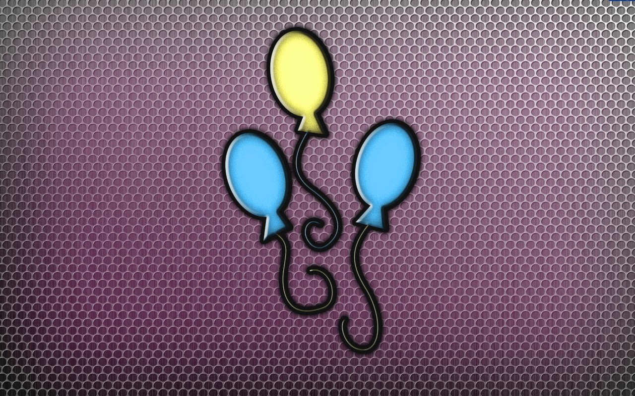 Ink vector of Pinkie Pie's cutie mark: two blue and one yellow balloon from the My Little Pony: Friendship Is Magic TV show, on a purple hex-pattern background.