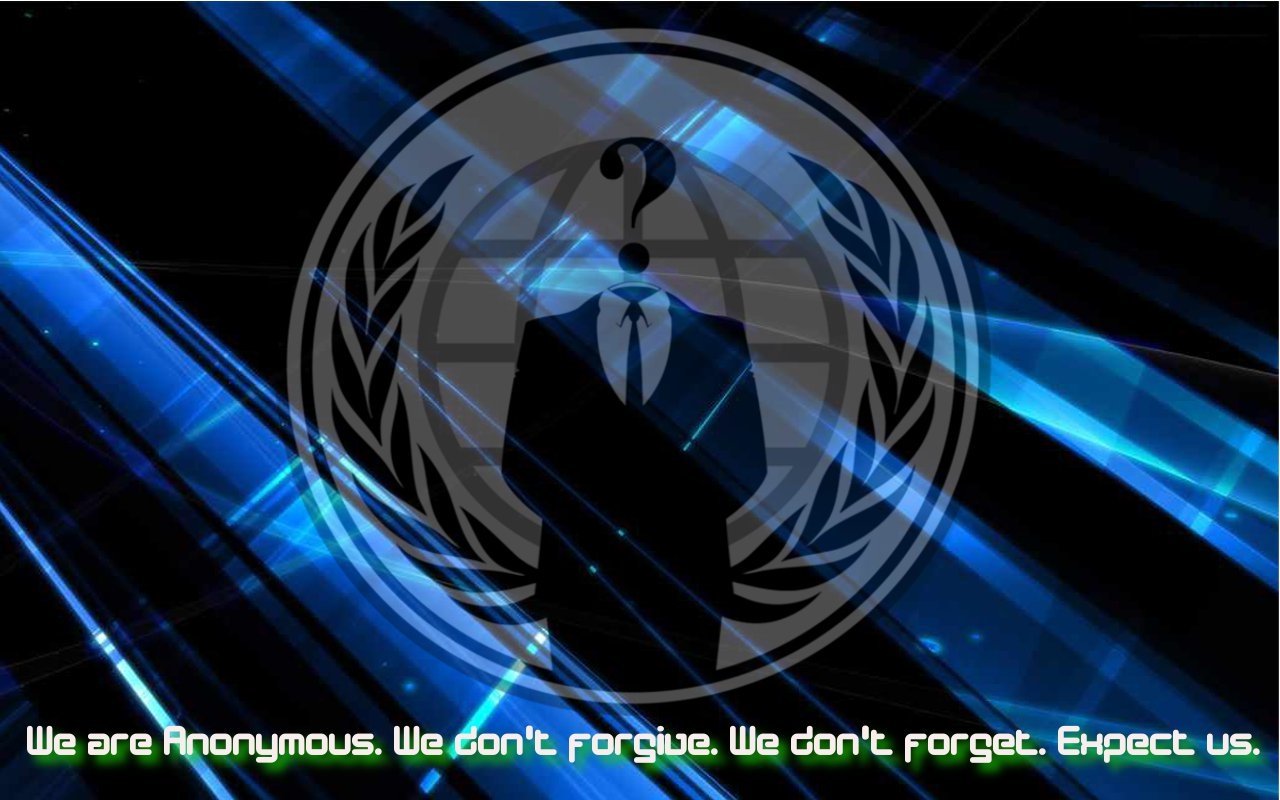 An abstract depiction of technology featuring a silhouette in a suit with a question mark, overlaid with the phrase, We are Anonymous. We don't forgive. We don't forget. Expect us.